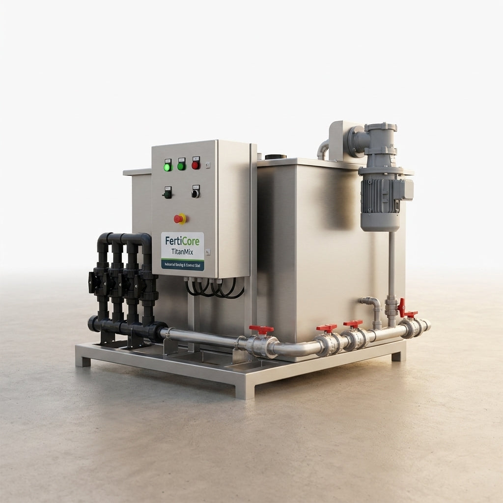 Industrial Dosing Control Skid Built for Precision Agriculture, Automated Nutrient Injection, Stainless Platform — Studio Shot